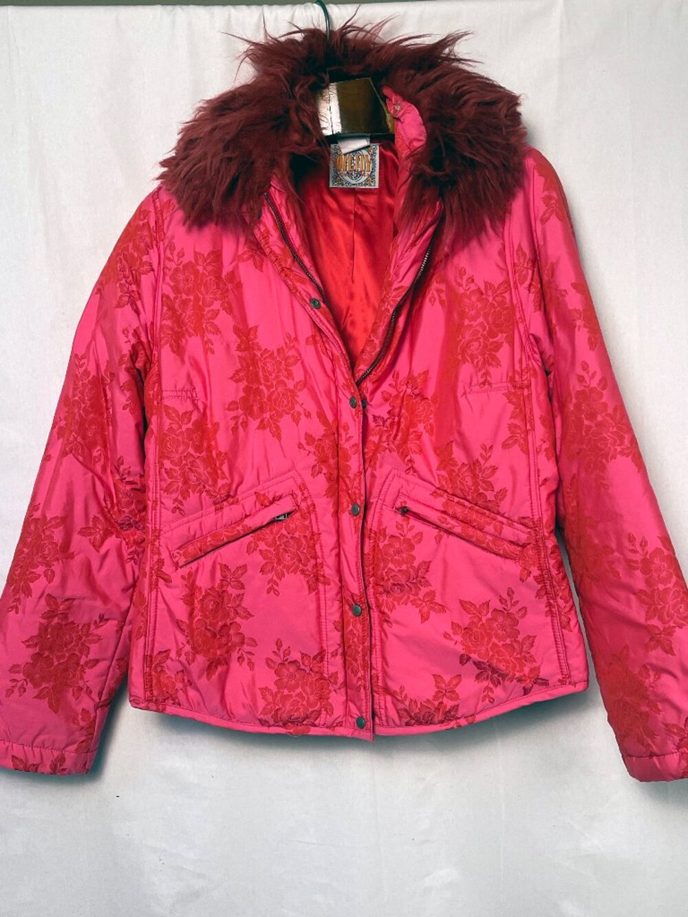 Oilily Womenswear Pink Floral Quilted Puffer Jacket Faux Fur Collar EU 44 XXL